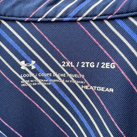 Under Armor Polo Blue Stripe Collared Size 2XL Loose Fit Heatgear - Picture 2 of 5